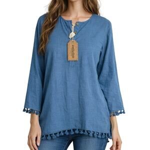 NEW NWT Embellish by Creative Co-Op Sz Large Blue Blouse Shirt Top Tropical